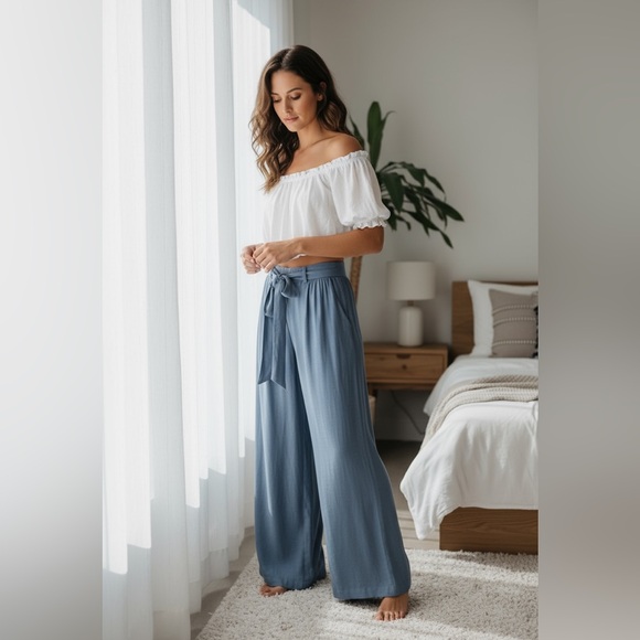 NWT•XL•LAST 1‼️ Belle In Blue Tie-Waist Wide Legged Pants With Pockets - Picture 3 of 12